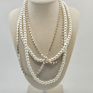 NY&Co Faux Pearl & Rhinestone Multi-Strand Long Layering Necklace 36”